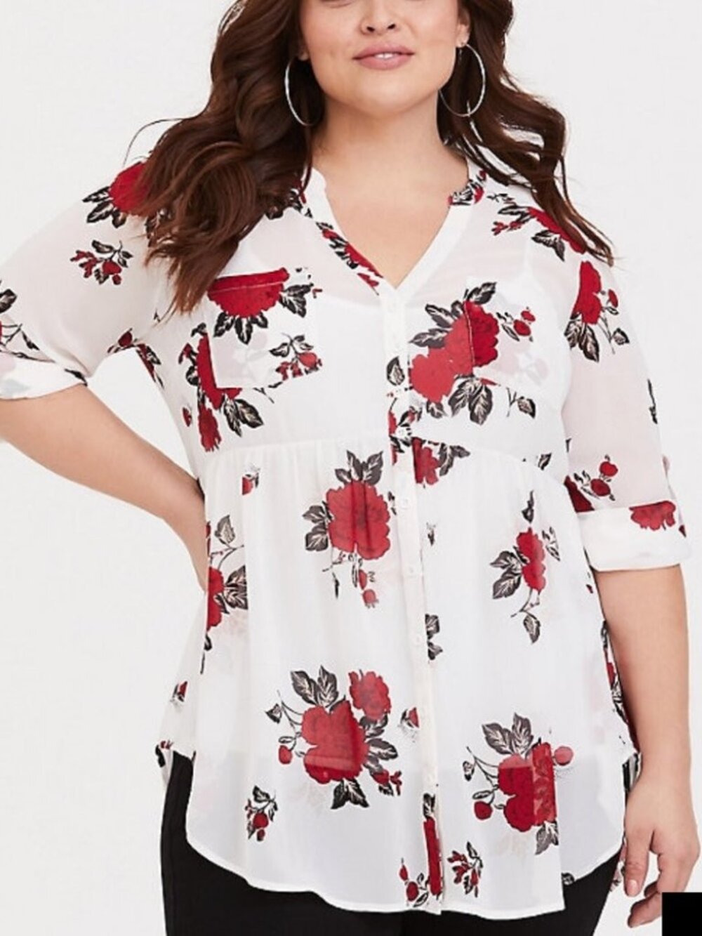 Torrid Emma White Red Floral Chiffon Babydoll Tunic Top 2 2X